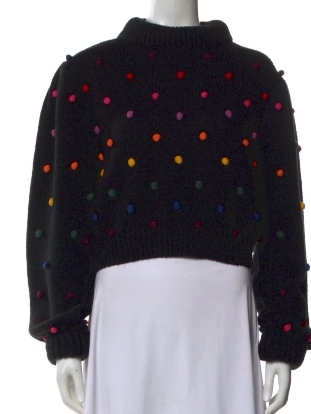 Farm Rio Black Pom-Pom Cropped Sweater - Multicolor Dots